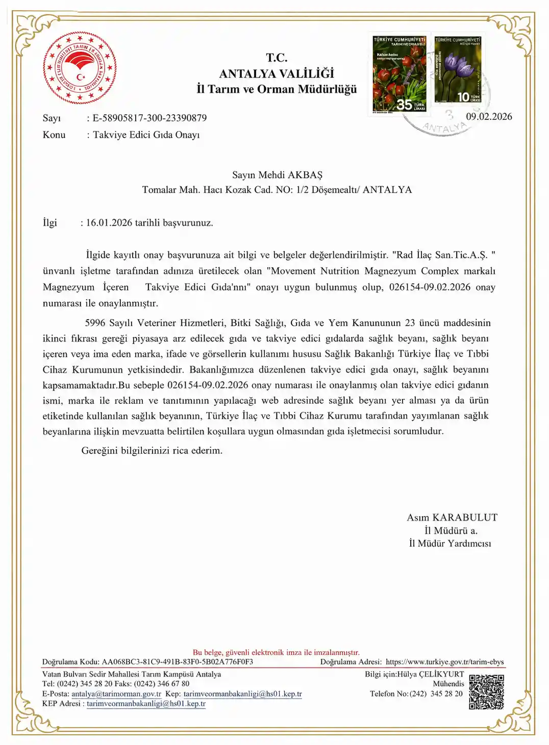 T.C. Tarım ve Orman Bakanlığı Onay Belgesi